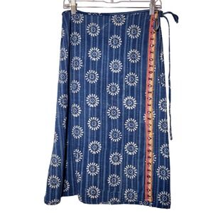Srishti Blue Mandala Block Print Wrap Midi Skirt Medium Embroidered Mirror Boho